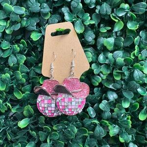 Pink Glitter Cowboy Hat Earrings